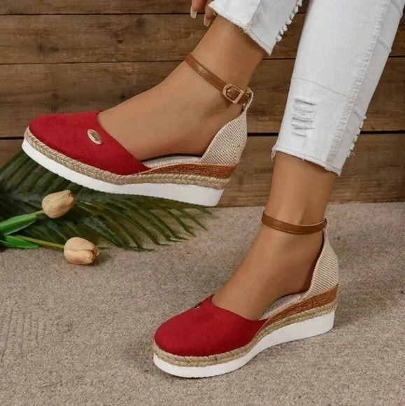 Women's Plus Size Faux Suede Color Block Round Toe Espadrilles With Elegant Wedg - Picture 6 of 7